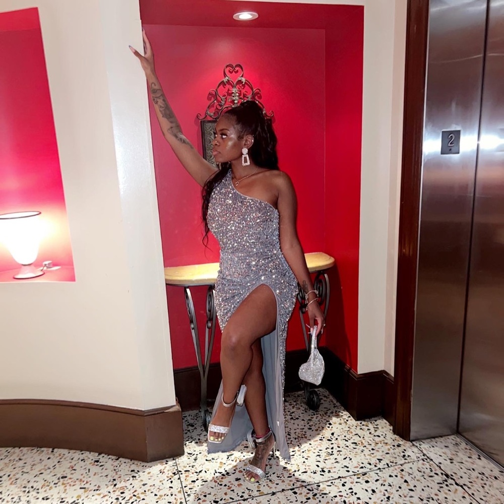 One Shoulder Wrap Slit Thigh Sequin Formal Dress